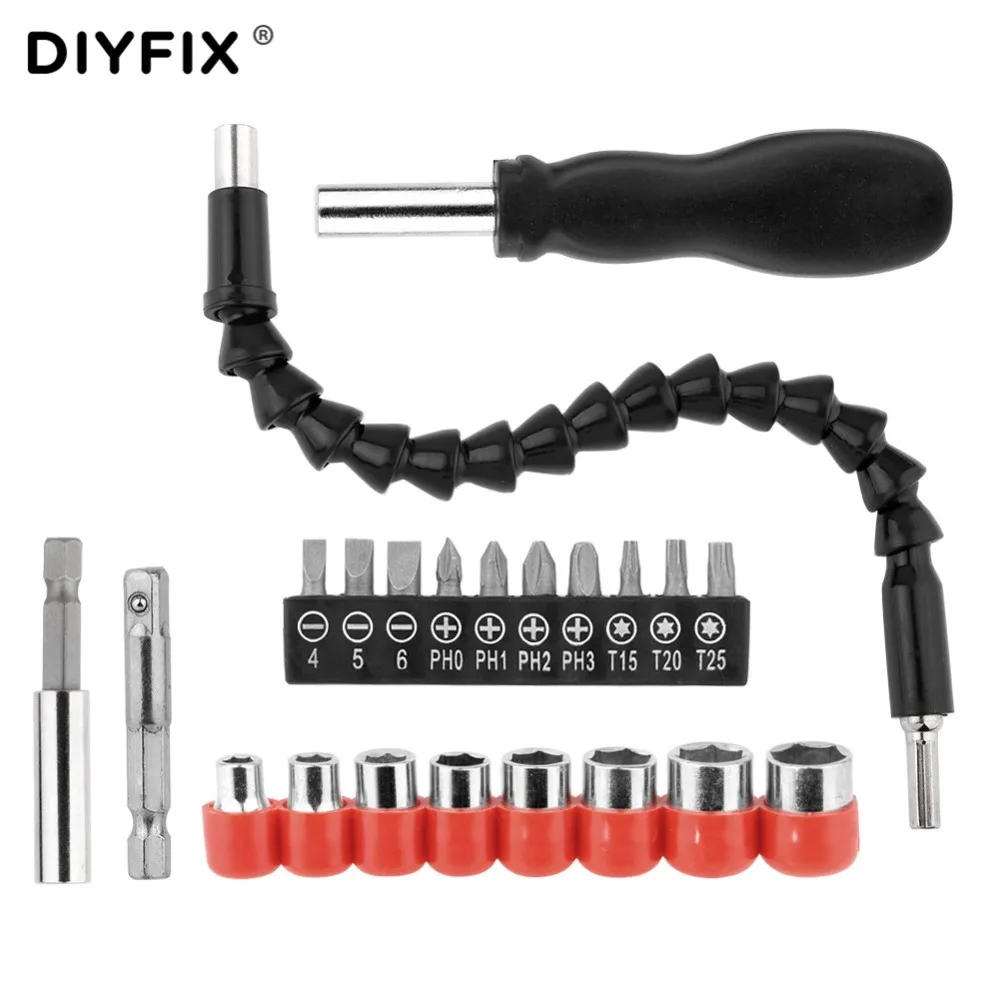 DIYFIX Stainless Steel Drill Bits Hex Sockets Electric Screwdriver Head Set Flexible Extension Shaft Bit Holder Hand Tools Set