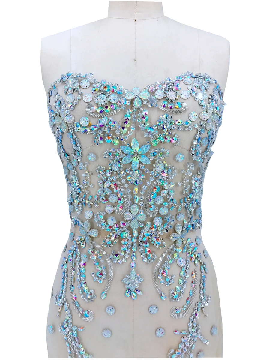 A15 Hand made crystals trim patches clear AB colour sew on Rhinestones applique 48*32cm for top dress skirt DIY accessory