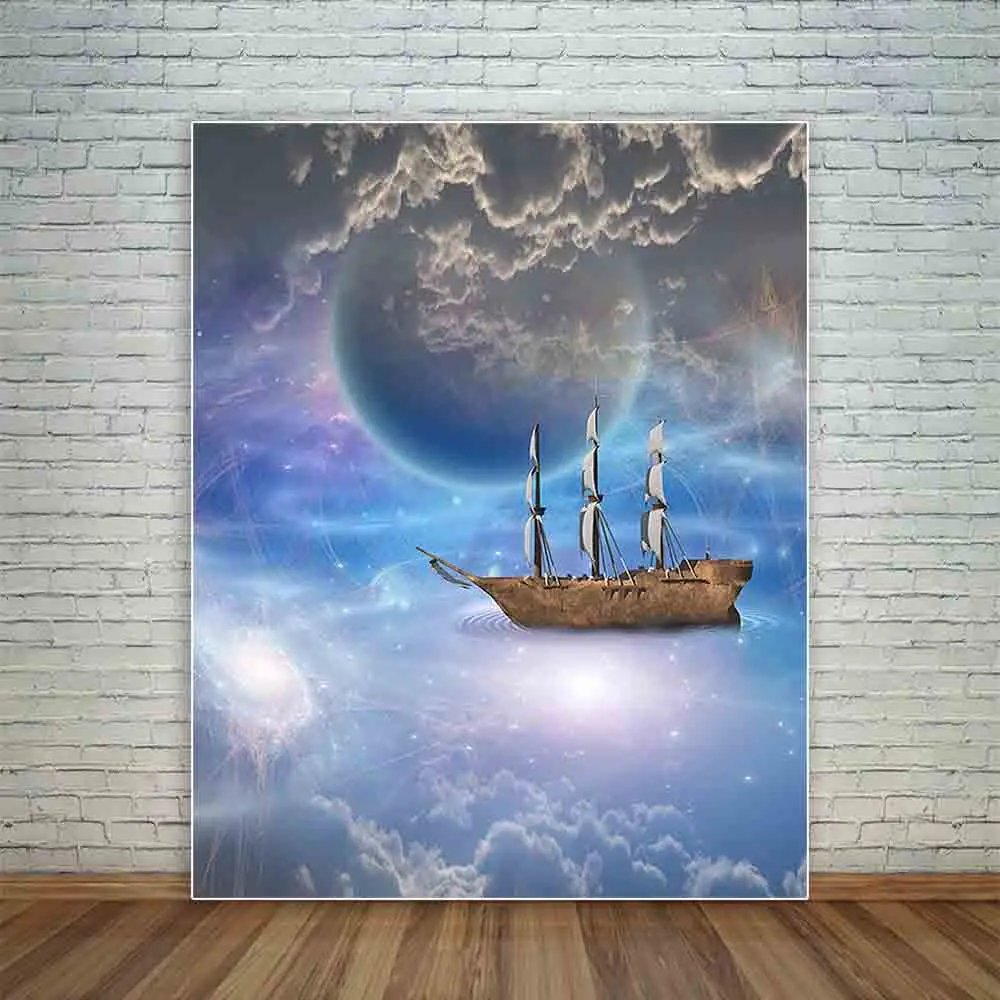 Funnytree photography backdropsSailing ship with full sails in fantastic space scene with clouds and moon photocall photography