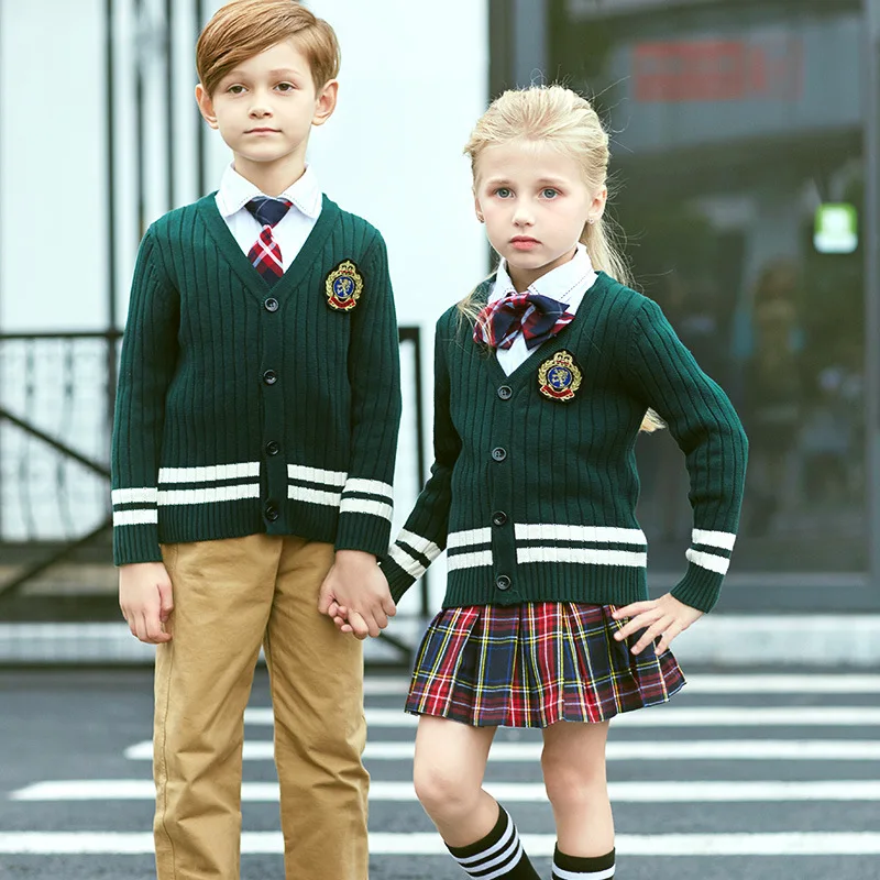 New Children's School Uniform English Wind Academy V Collar Cardigan Kids Kindergarten Uniform  Primary School Clothes D-0562