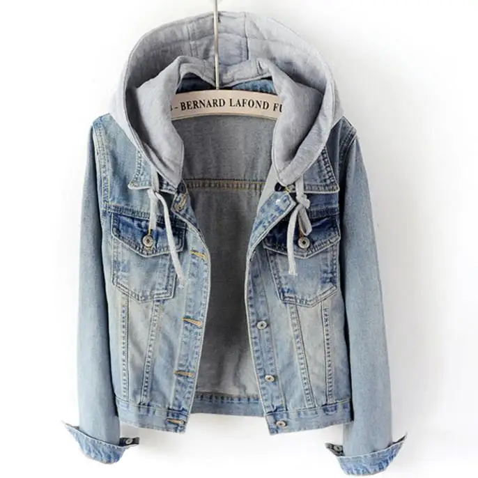 

S-5XL!2022 Spring autumn Hooded Drawstring Boyfriend women Blue Long Sleeve Single Breasted Denim Jacket