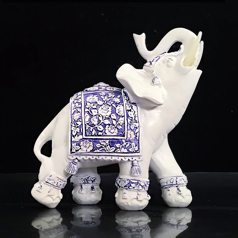 Imitation blue and white porcelain Elephant Figurines Resin Lucky Elephant Statue Garden miniatures Home Decoration Accessories