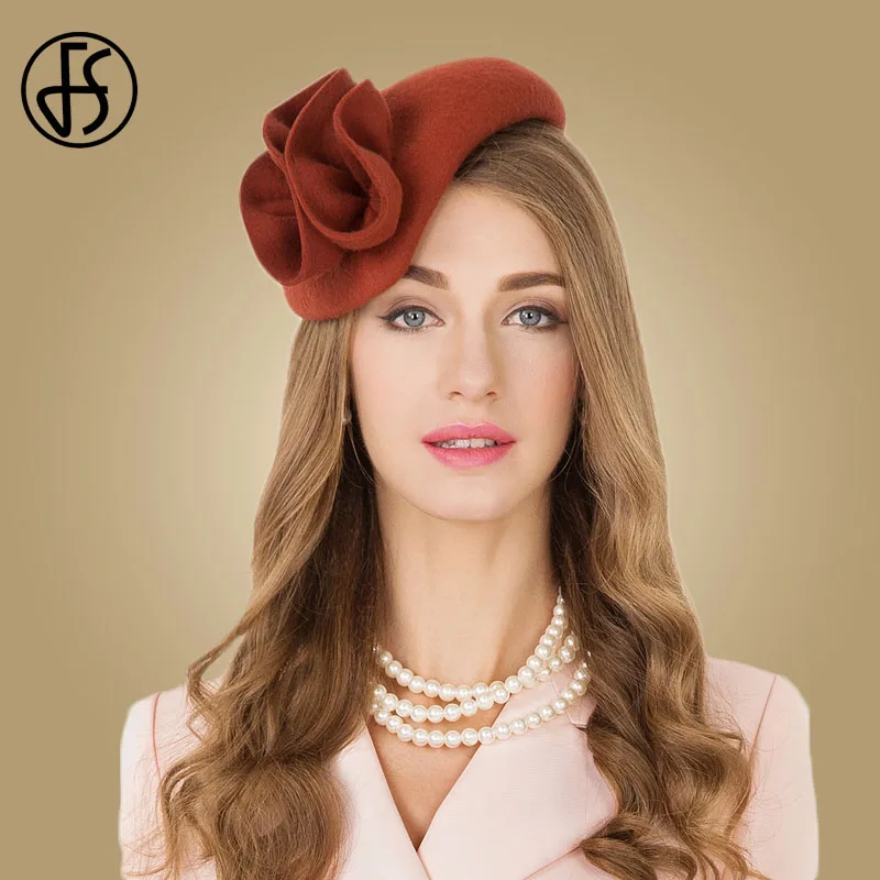 FS Wool Felt Fascinator Hats For Women Ladies Wedding Elegant Tea Party Formal Vintage Church Pillbox Hat With Flower Derby  Cap