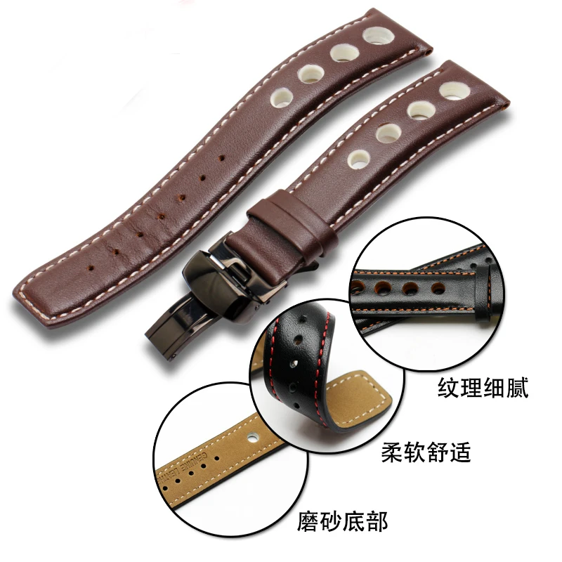 Laopijiang genuine Leather Strap For Sports Racing Series PRS516 T91 1853 Watch 20mm Black Orange Line with steel folding buckle