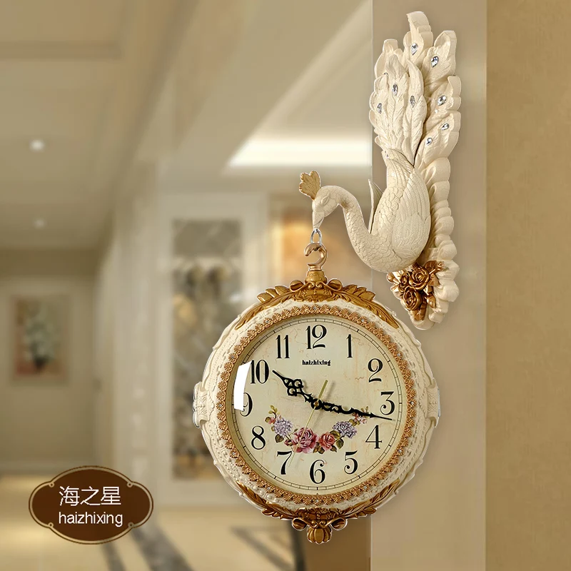 European-style Double-sided Wall Clock Peacock Decorated Living Room Porch Wall Clock Silent Quartz Two Sides Wall Clocks