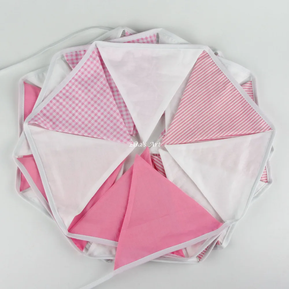 New 24 Flags - 5.4M Pink White Cotton Fabric Banners Bunting Decor Birthday Decoration Party Baby Shower Room Garden Decoration image 3
