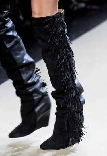 Women Knee High Suede Fringe Boots Black/White/Gray Platform Wedged Tall Boots New Brand Fashion Women Motorcycle Tassel Boots