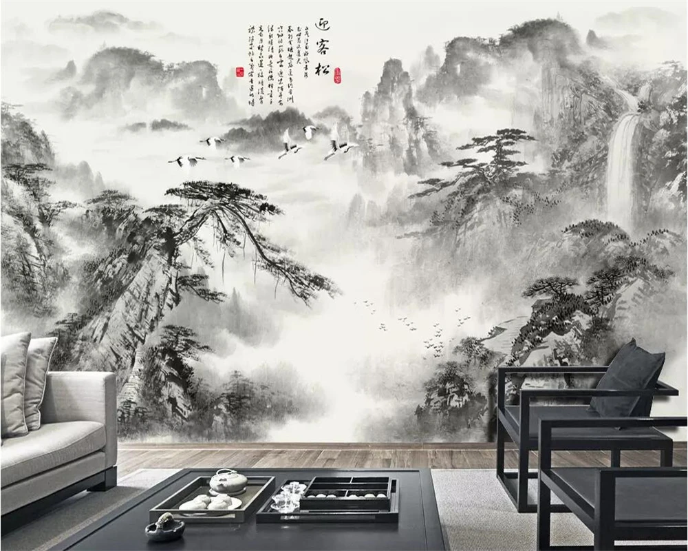 

Chinese wallpaper mural ink welcoming pine mountain water waterfall home improvement TV background wall murals 3d wallpaper