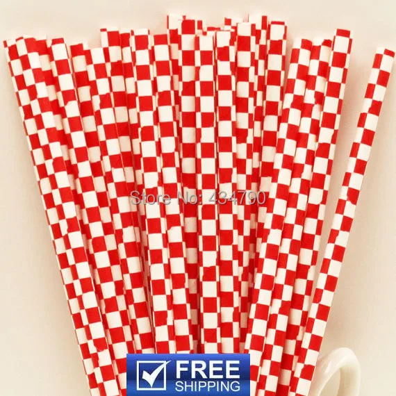 

200 Pcs Red Checkered Paper Straws,Christmas Birthday Shower Decor Cake Pop Sticks,Checker Retro Party Supplies Decorations