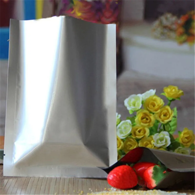 

12*18cm Open Top Silver Pure Aluminium Foil Plastic Party Bag Vacuum Pouches Mylar Heat Seal Bag Food Storage Packaging Bags