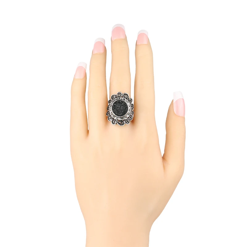 Hot Fashion Flower Silver Plated Rings For Women Vintage Black Ore Resin Crystal Gothic Ring Bohemian Jewelry Gift Free Shipping