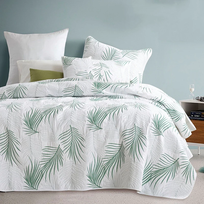 

Cotton Bedspread Quilt Set 3pcs Quilted Coverlet Palm Leaf Embroidered Quilts Bed Cover Pillowcase King Queen Size Blanket