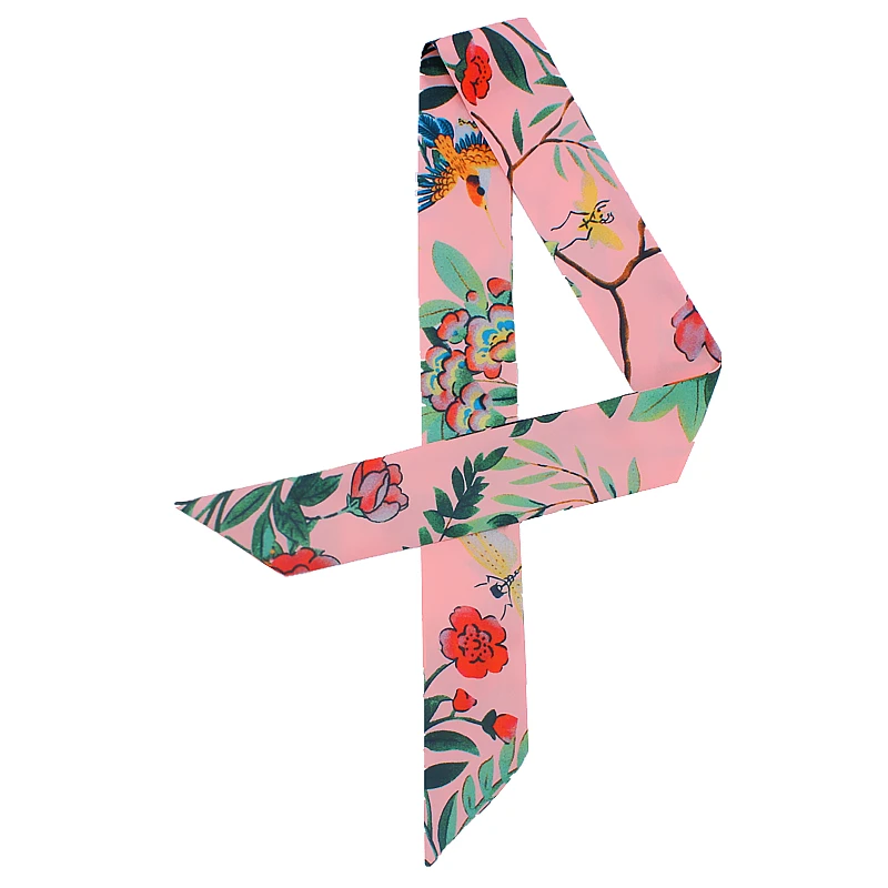 

POBING New Design Bird Floral Print Silk Scarf Women Head Scarf Brand Small Tie Handle Bag Ribbon Long Scarves Wraps 100*5CM