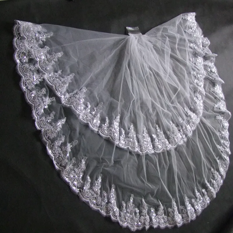 Véu de noiva com duas camadas, renda curta com pente