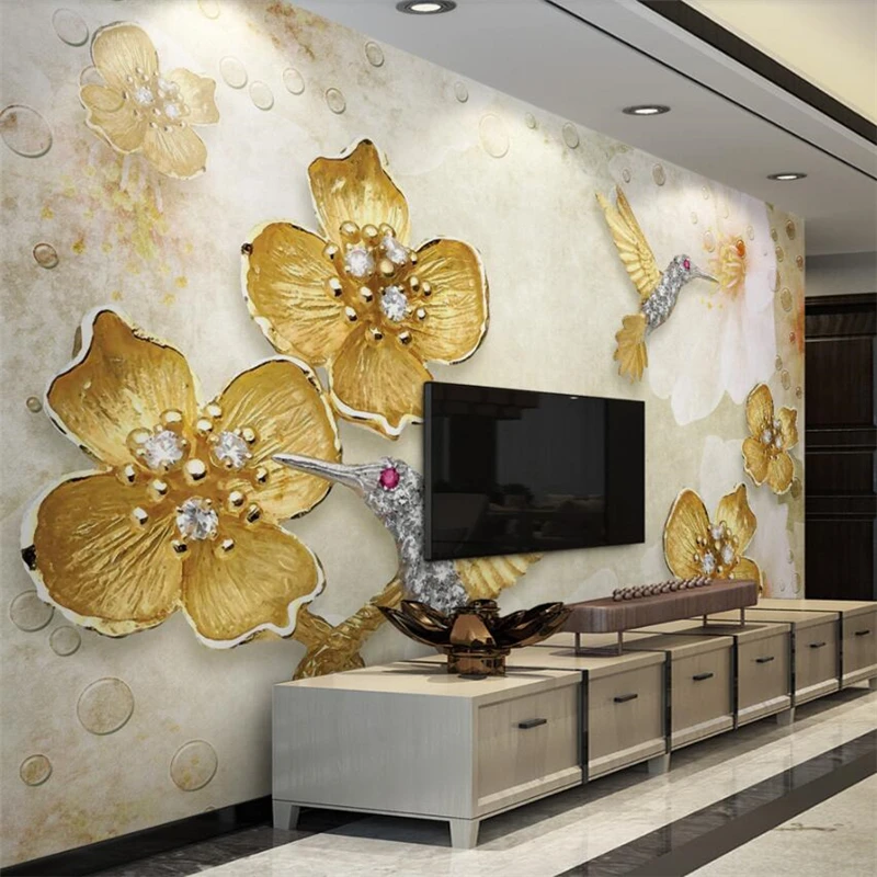 wellyu  papel de parede  Custom wallpaper  American village nostalgic gold carving plum bird 3d tv wall background  tapety