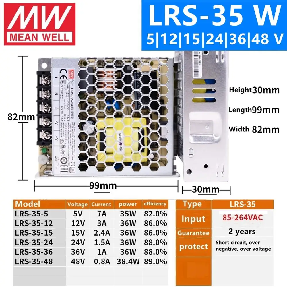 MEAN WELL 100%-NEW LRS-35-24 LRS-35-12 LRS-35-5 LRS-35-15 LRS-35-36 LRS-35-48 35W 24V 12V Single Output Switching Power Supply