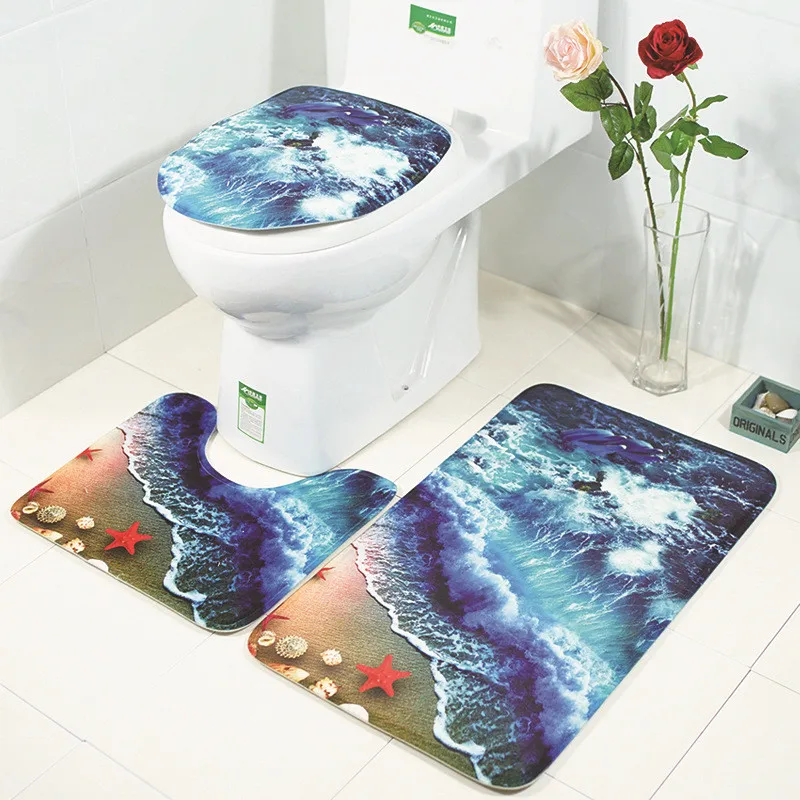 New 3PCS Toilet Floor Mat Set Non-Slip Flannel Bathroom Carpet with 3D Wave Printing Toilet Cover and floor Rugs set