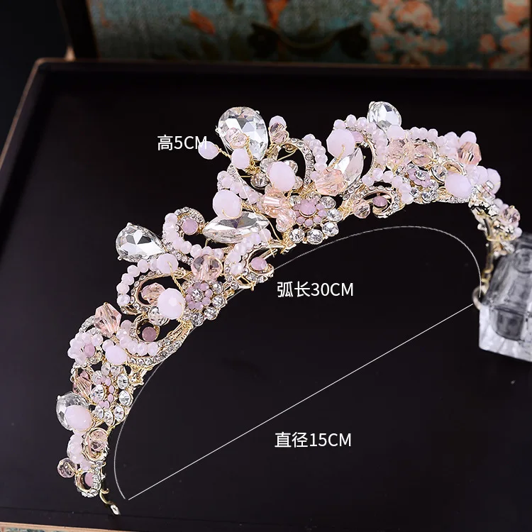 Baroque handmade pink crystal beads bridal tiaras crown vintage wedding hair accessories rhinestone crowns pageant prom diadem