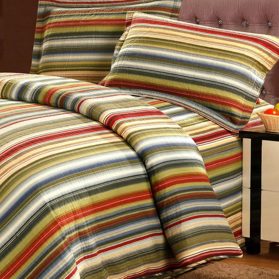 Quality Rainbow Stripe Print Quilt Set 3PC/4pcs Bedding Cotton Quilts Bed Covers Bedspread For Bed King Size Coverlet Blanket