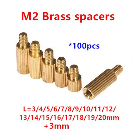 100pcs 2mm Thread M2 Brass Standoff Spacer Male to Female Brass Spacing Screws Pillar M2*3/4/5/6/8/10/12/15/16/18/20+3mm