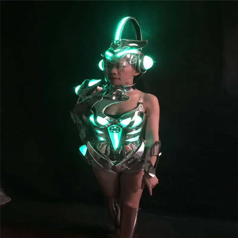 KS03 Ballroom dance led costumes RGB colorful light female bodysuit mirror dress outfits dj wears luminous headpiece armor cloth