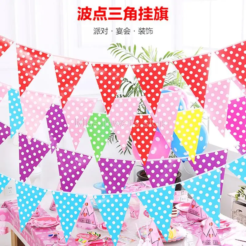 Colorful Burgee Paper Flag Polka Dot Bunting Banner Pennant For Home Wedding Children's Birthday Party Decor 2.5M