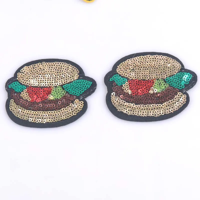 3pc HAMBURGER fifties style PATCH Embroidered Iron On Patches Clothes Sequins Patch POP Sequins DIY Free Ship 64x75mm cp1098