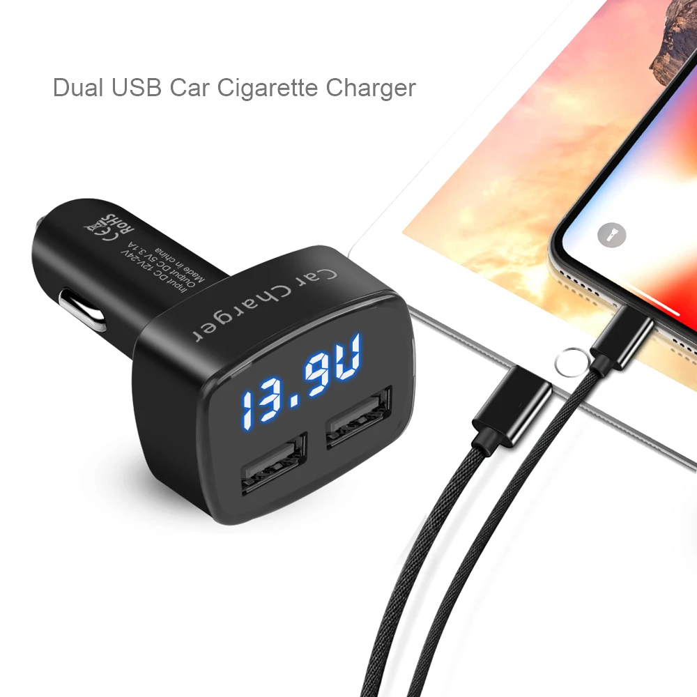 kebidu Universal Dual USB 2 Port Charger 4 in 1 Car DC 5V 3.1A Digital Red /Blue LED Display Temperature/Current/Voltage