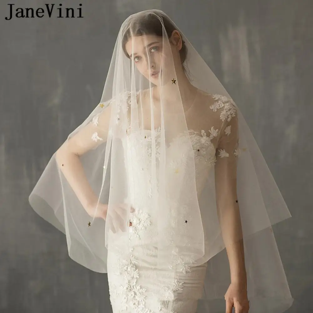 JaneVini Elegant Een Layer Bruiloft Sluier Korte Tulle Cut Edge Star Patroon Elleboog Lengte Sluier met Kam Bridal Accessoires