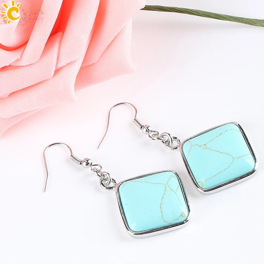 CSJA Geometry Natural Stone Pendant Dangle Earrings Girls Women Jewelry Square Gem White Blue Howlite Pink Quartz Crystal E163