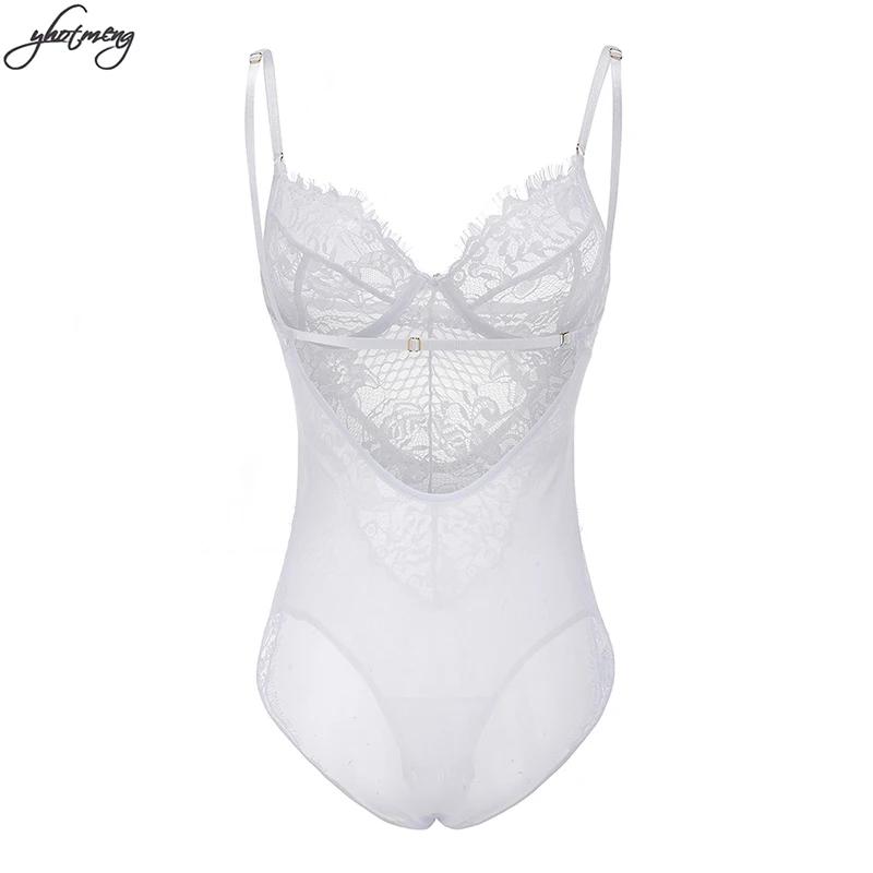 Yhotmeng sexy temptation female eyelashes mesh stitching backless transparent soft lace with steel ring gathered jumpsuit suit