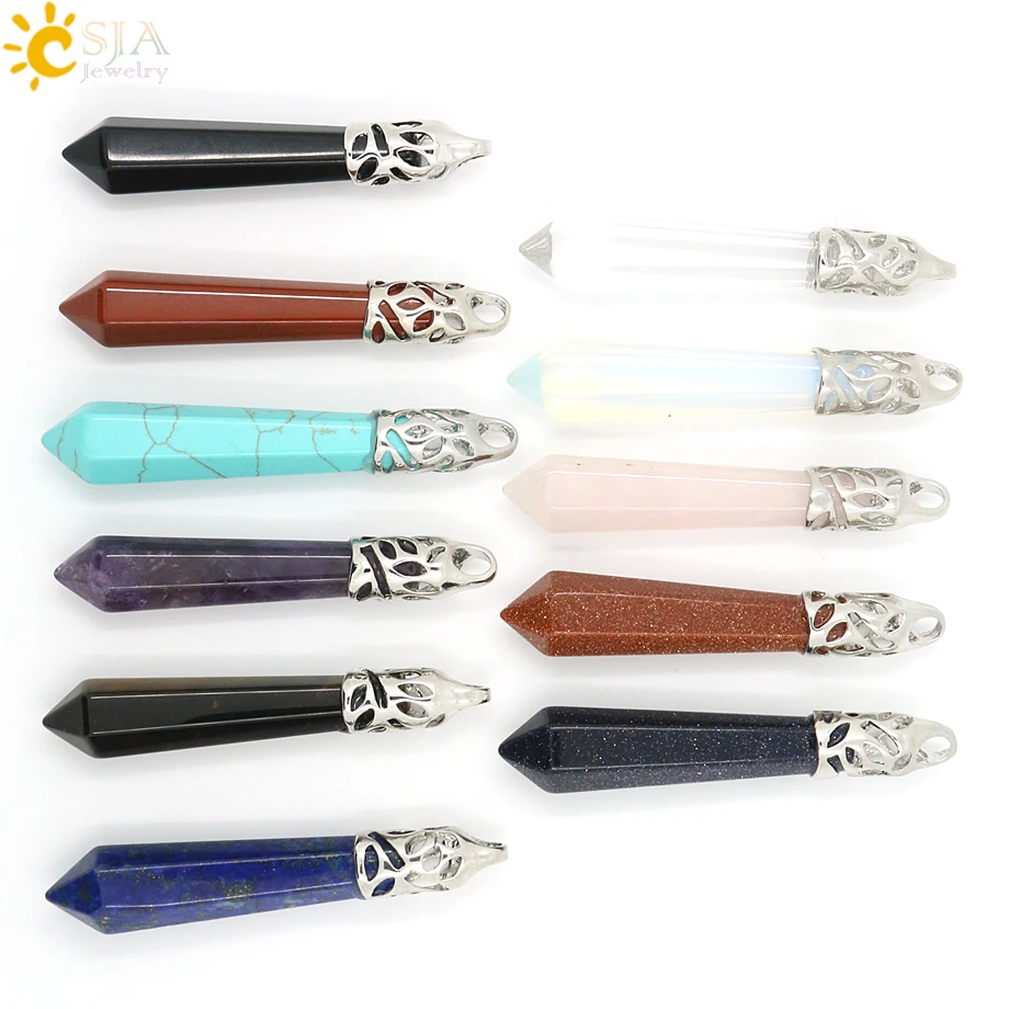 CSJA Reiki Natural Gem Stone Beads Blue Sand Long Hexagonal Prism Healing Point Opal Necklace Pendants Men Women Jewelry E004