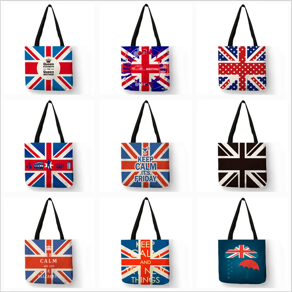 Blue Red Color Linen Female Hand Bag English Flag with Letter Printed Shoulder Bag Double Use Casual Tote Bags Bolsa Femina