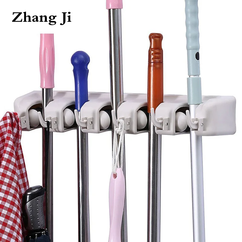 Zhangji House Clean organizer Multi-function Wall Mounted Mop Holder With Hooks In Plastic Bathroom Shelf Storage Rack 5 Slots