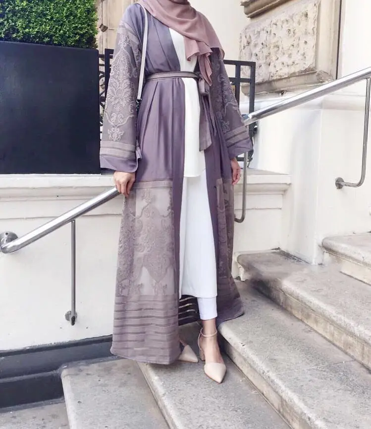 Muslim Fashion lace hollow cut cardigan Robe full length Musulmane Abaya Muslim Robe Arab Worship Service abaya kimono wj2814