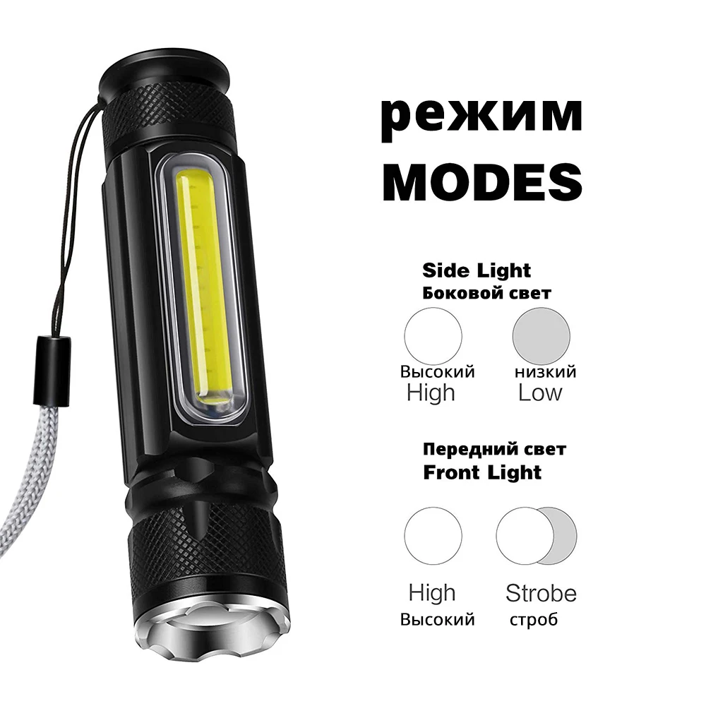 Waterproof Rechargeable LED Flashlight COB Work light Torch 4 lighting modes Support zoom Used for camping, cycling, work, etc