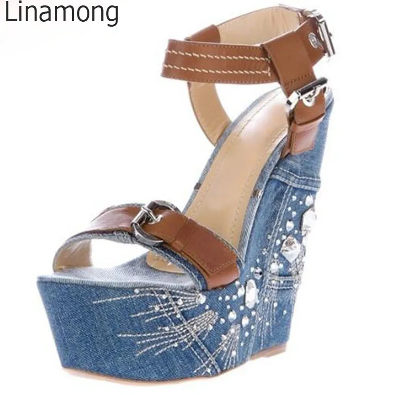 Summer Glitter Crystal Side Wedges High Heel Sandals Women Blue Denim Sandals Brown Leather Patched Buckles Ladies Shoes