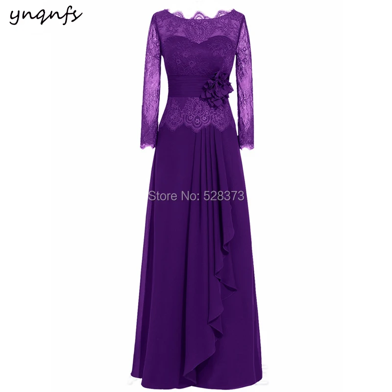 YNQNFS MD182 Elegant Long Mother of the Bride/Groom Dresses Outfits Lace Long Sleeve Blue/Purple/Grape 2019