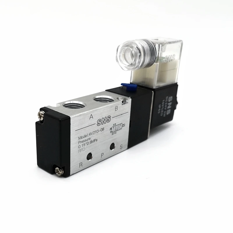 Válvula solenoide sns 4v210-08, válvula solenoide pneumática de 5/2 vias, ac220v, dc24v, rosca de 1/4"