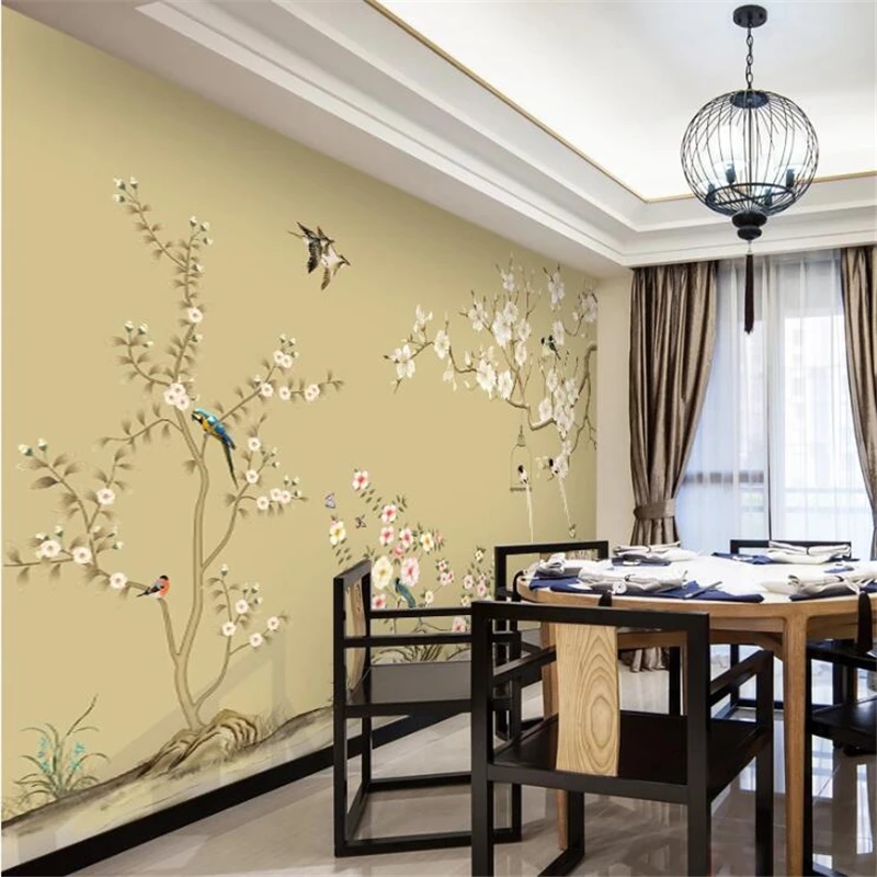 beibehang Custom wallpaper 3d murals and birds hand-painted pens flowers and birds plum new Chinese sofa background wall paper