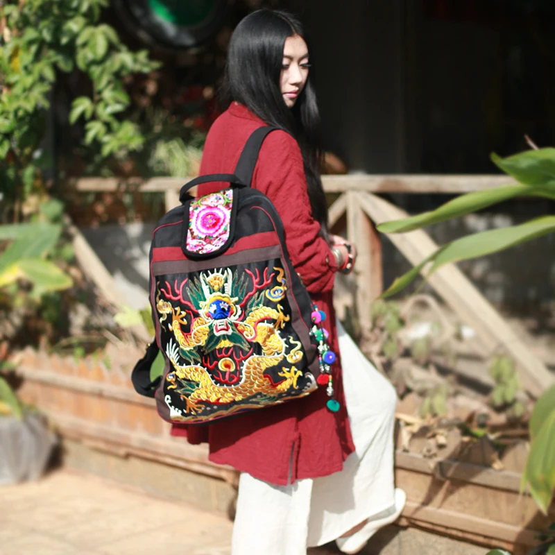 Top Women\'s bag backpack Fashion large bags Black canvas backpack Embroidered Ethnic bag School backpack