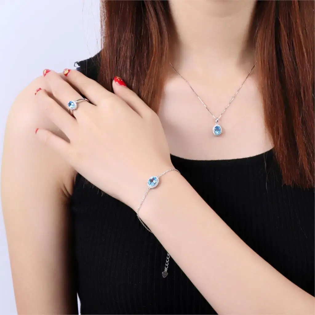 MoBuy 5pcs Natural Gemstone Blue Classic Topaz 4pcs Jewelry Sets 100% 925 Sterling Silver For Women Party Fine Jewelry V039ENR