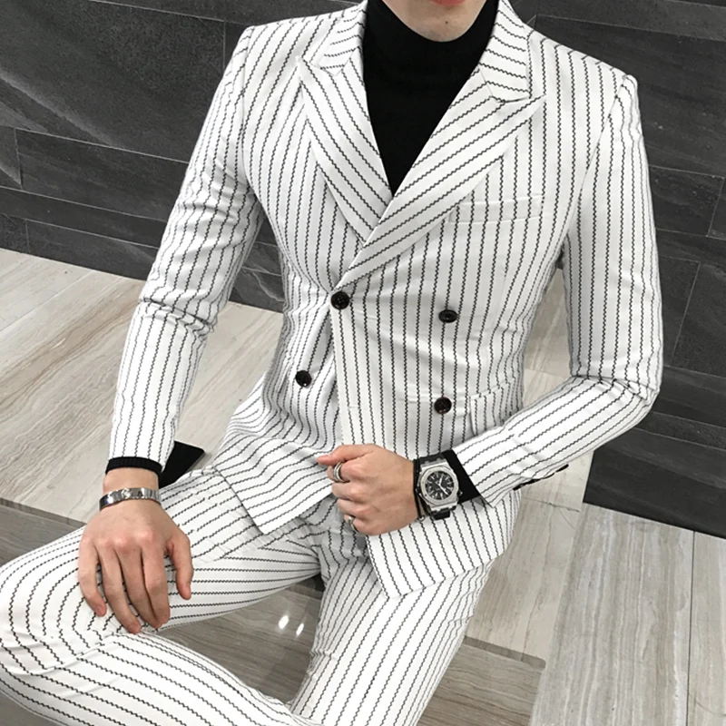 3 Pieces ( Jacket + Vest +Pants) Mens Double-breasted Suit Fashion Striped Groom Wedding Tuxedo for Men Casual Business Suit