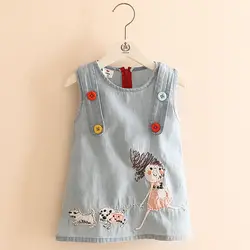 2024 Summer New 2 3 4 6 8 10 Years Embroidery Cartoon Dog Tank Vest Dresses With Button O-Neck Cotton Baby Kids Girl Denim Dress