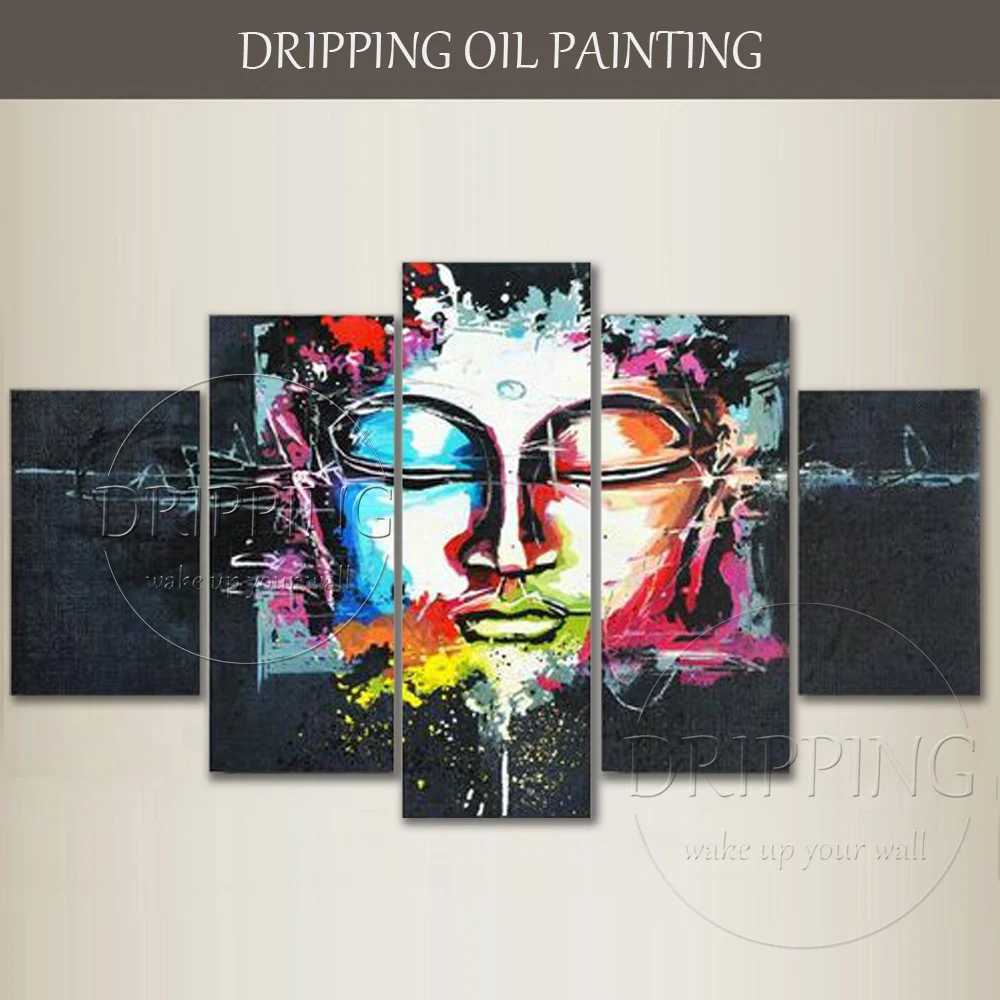 New Arrived Hand-painted Colorful Abstract Buddha Figure Oil Painting on Canvas 5 Panels Buddha Art Oil Painting for Living Room