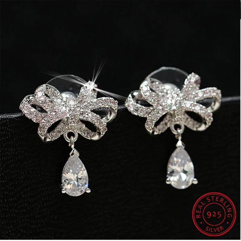 925 silver needle Jewelry Shiny Cz Zirconia Bowknot Stud Earrings Pendientes Boucles D\'oreilles S-e349