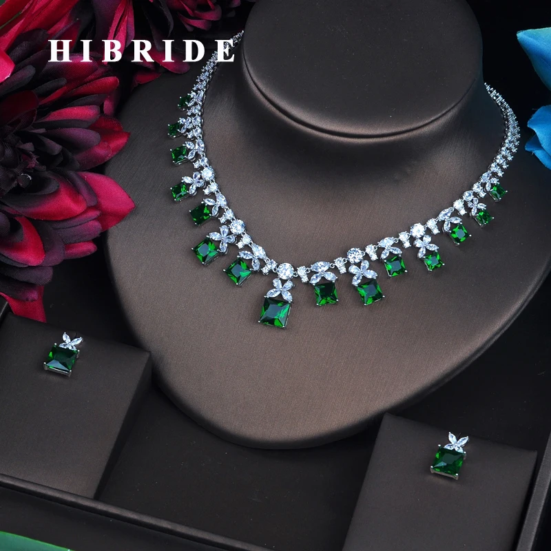 

HIBRIDE Sparkling Green Cubic Zirconia Jewelry Sets For Women Earring Necklace Set Wedding Dress Accessories Party Gifts N-485