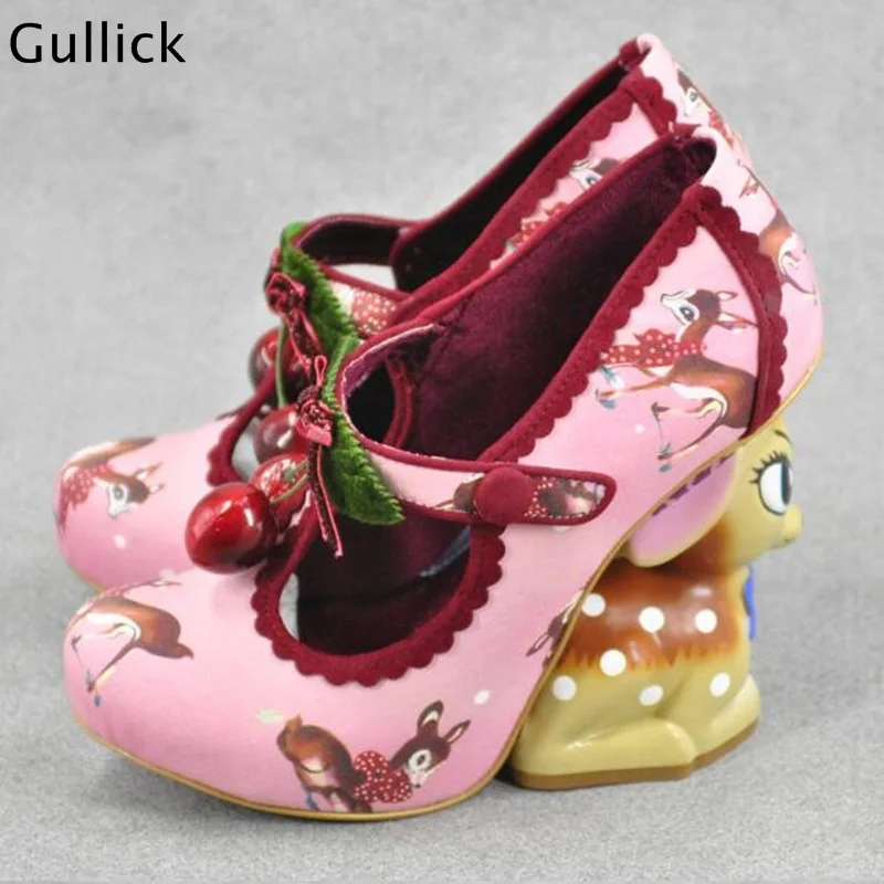 Gullick 2018 Newest Fashion Mary Janes Women Cute Print Deer Heel Pumps Woman Cherry Decoration Classics Party Dress Shoes