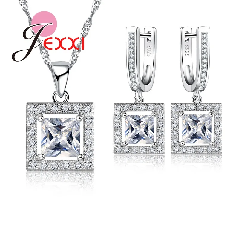 

S925 Charm Square Design With Full Shiny Cubic Zirconia Crystal Refined Pendant Necklace Earrings Silver Jewelry Set