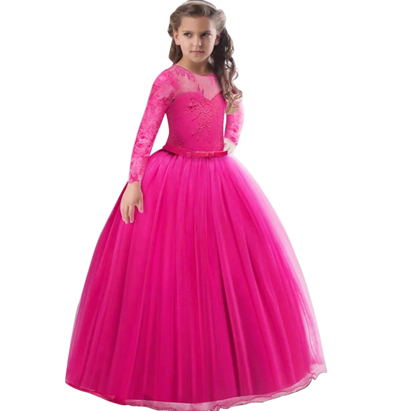 Girls Lace Full Sleeve Princess Dress Kids First Communion Dresses For Girls Tulle Lace Wedding Costume Junior Children Clothes